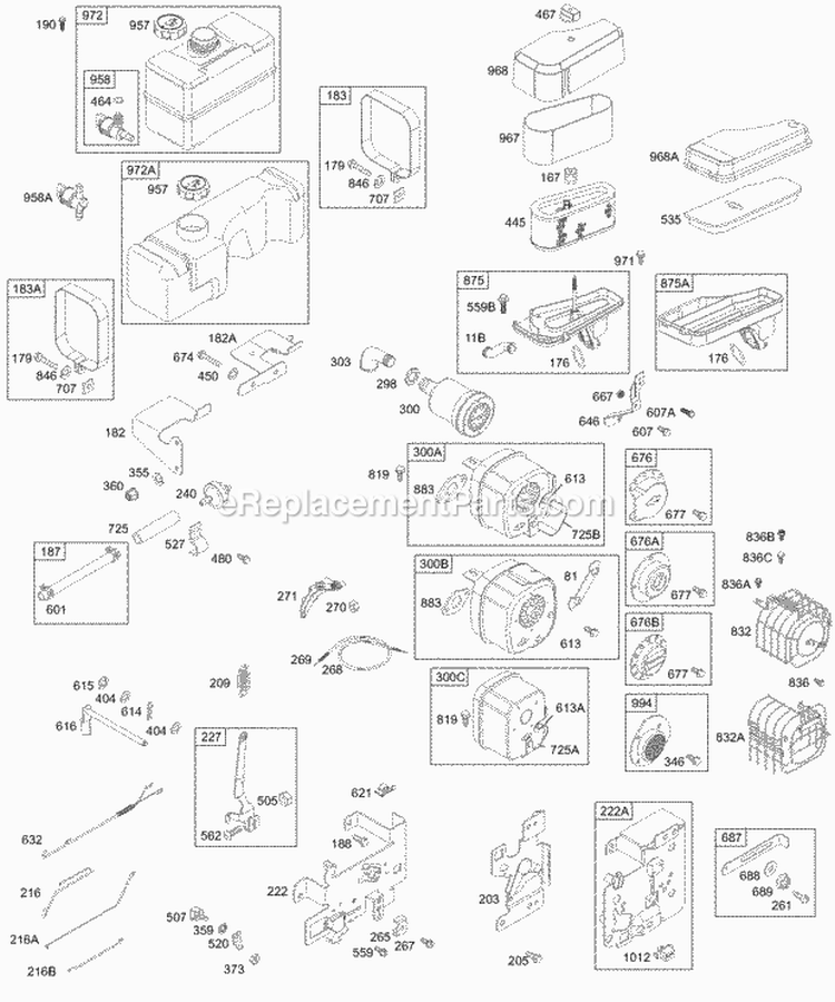 Controls Fuel Air Cleaner Mufflers Diagram and Parts List for 196707-0148-01  Briggs and Stratton Engine
